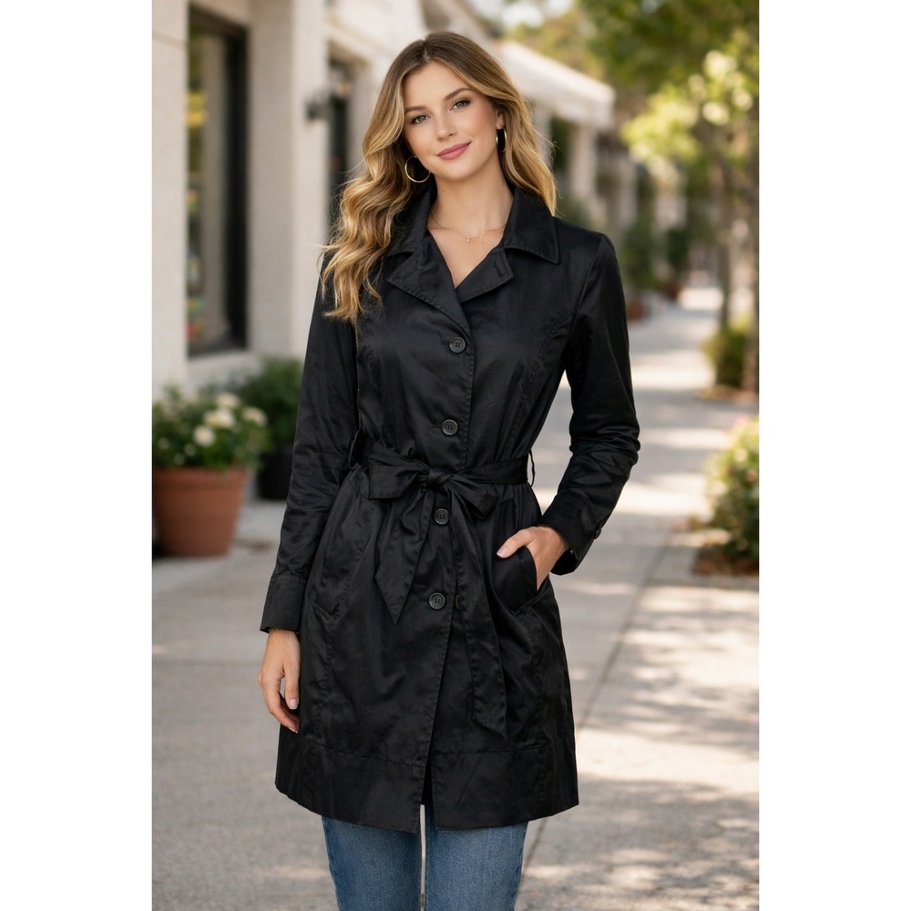 J. Jill Black Button Front Belted Trench Coat Lightweight Jacket Women Size L